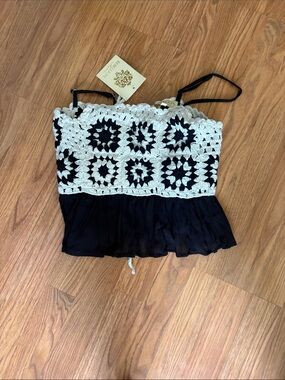 Rebellion Black and White Crochet-Panel Camisole